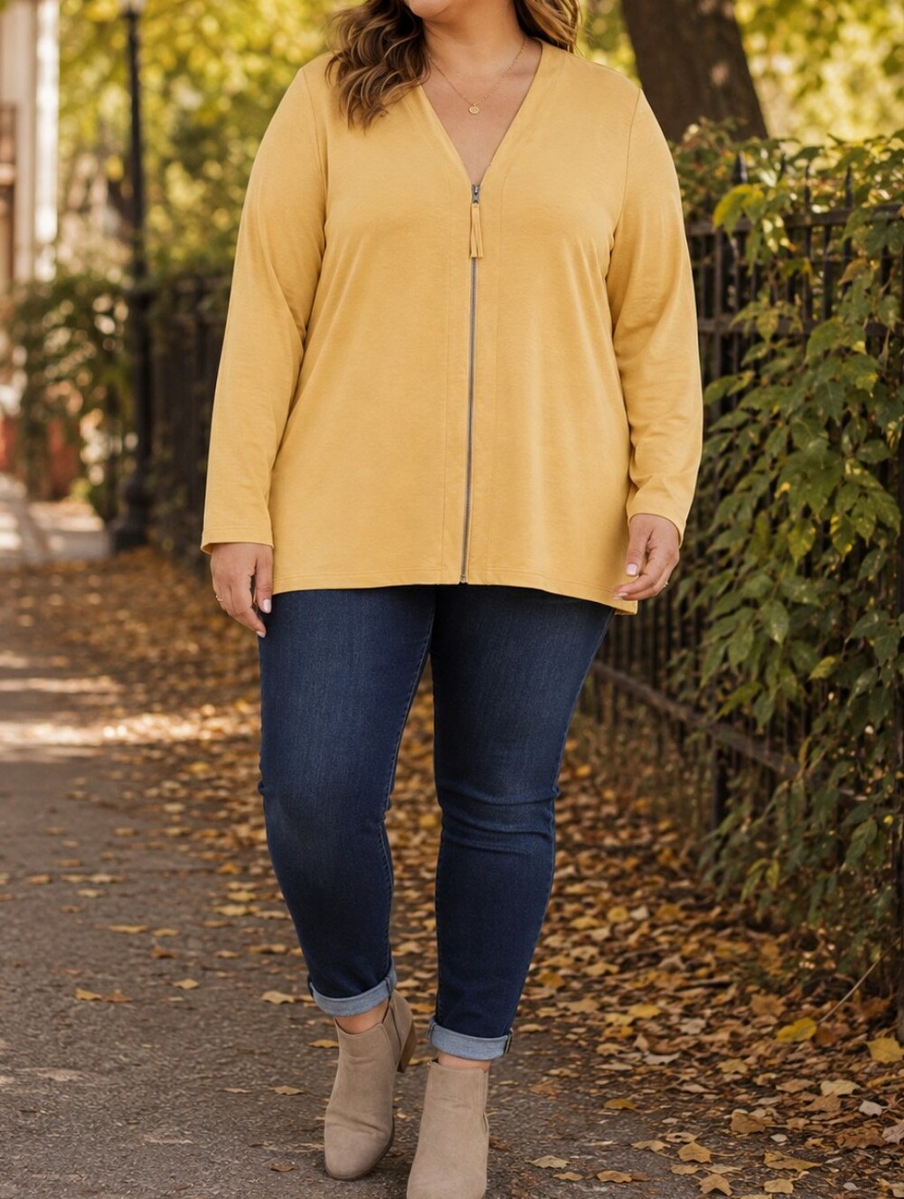 Logo Lounge Plus Size Mustard Lace Back Zip Front Lightweight Tunic Jacket